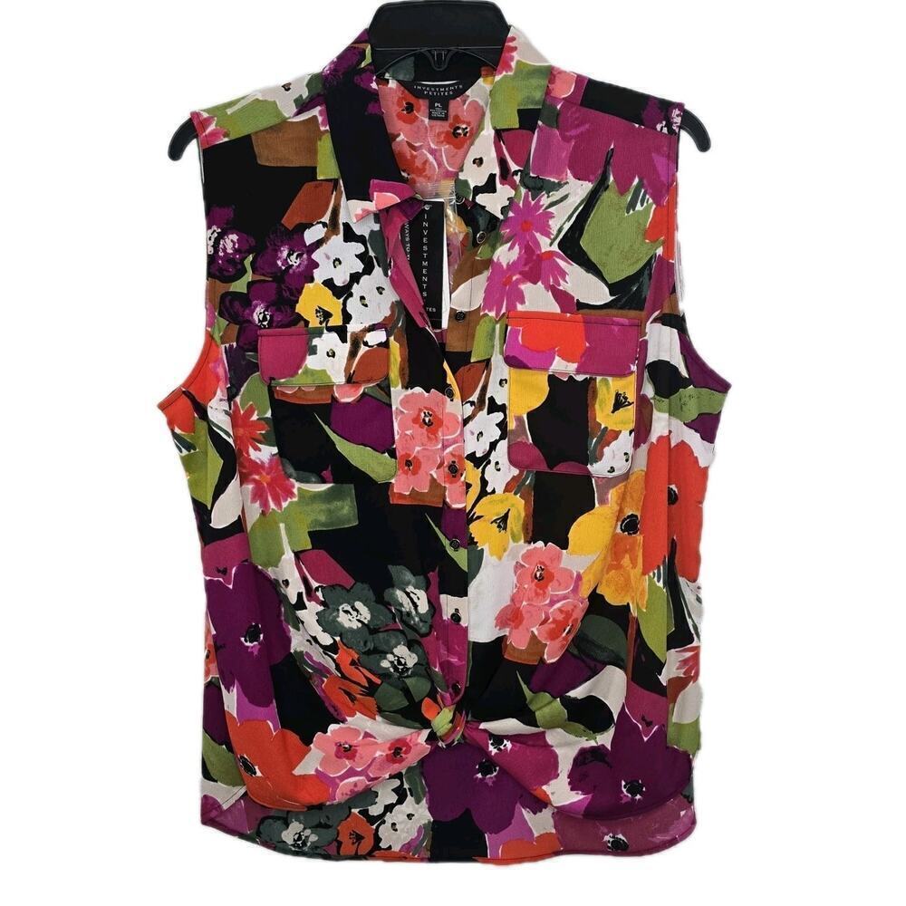 Investments Sleeveless Floral Blouse Knot Front Button Luxury Top Bright Size PL